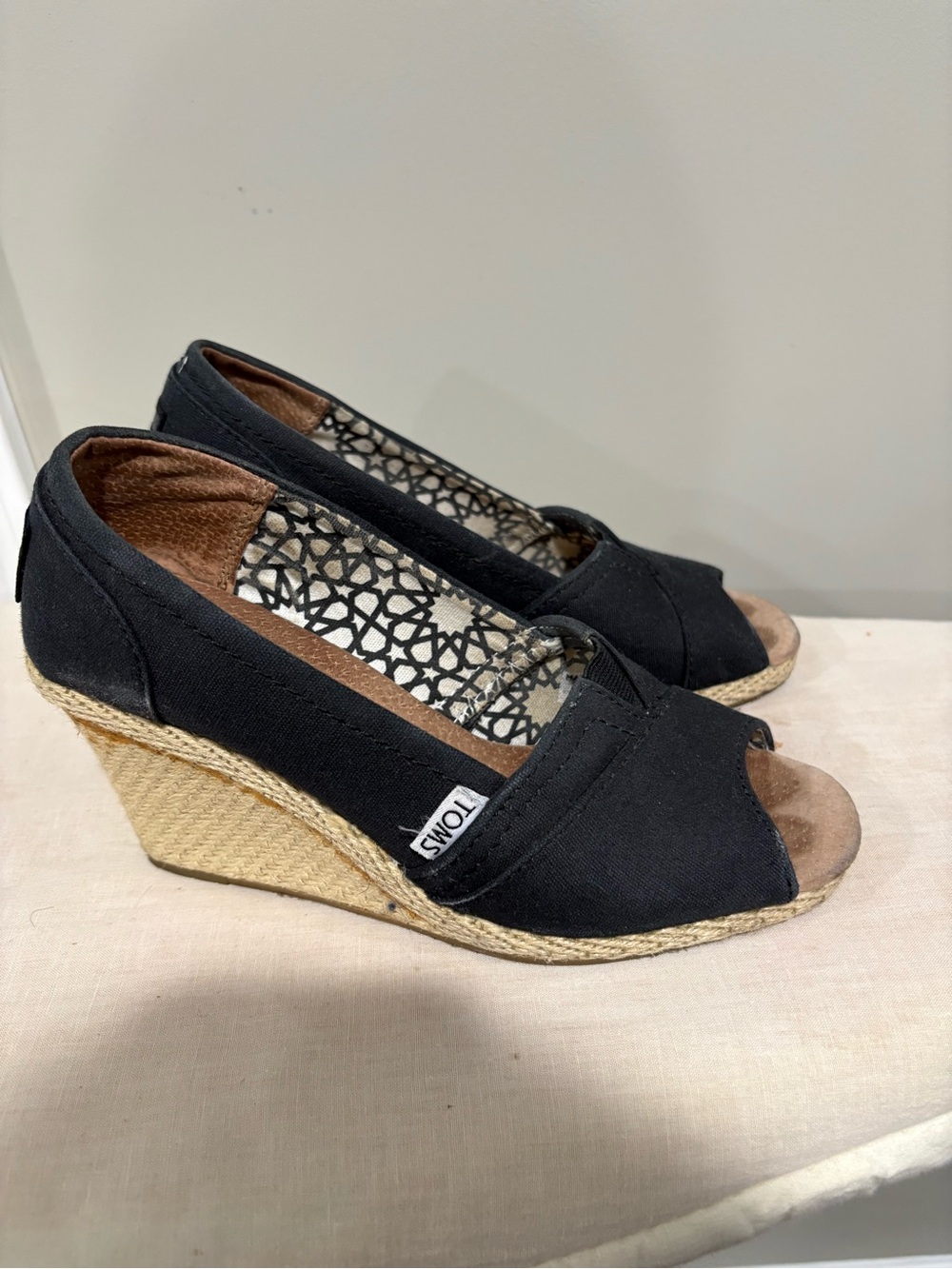 Toms Black Canvas Espadrille Peep-Toe Wedges